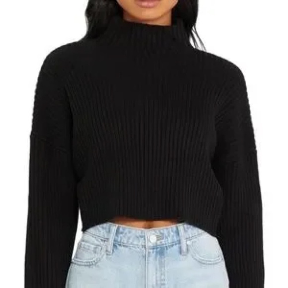 Sanctuary Black Mock Neck Ribbed Cropped Sweater Size Small